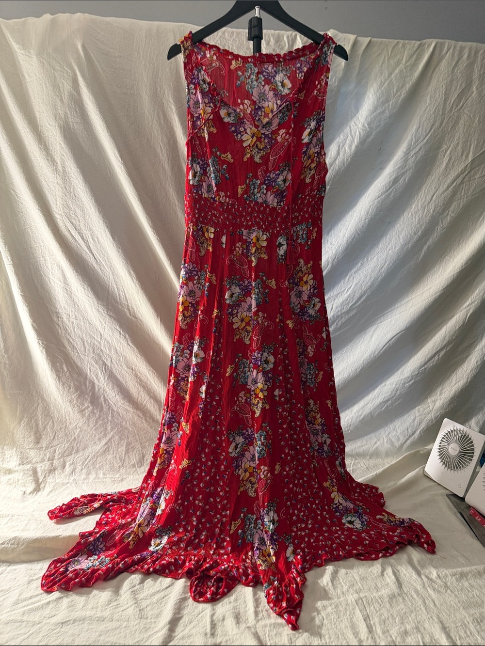Red Floral Maxi Dress with Smocked Waist and Feminine Scoop Neck